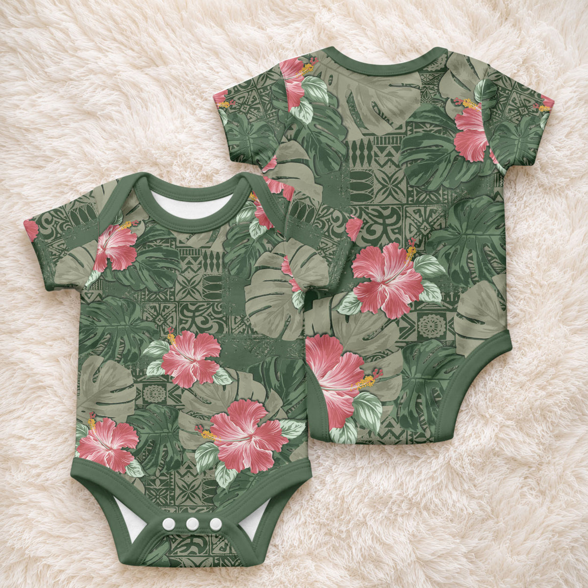 Hawaii Baby Onesie Green Polynesian Monstera Patterns