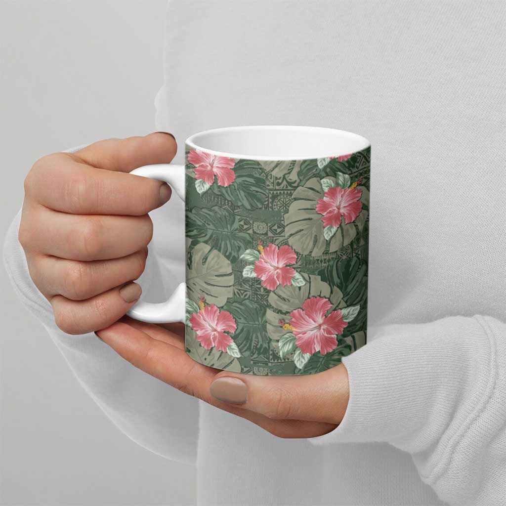 Hawaii Ceramic Mug Green Polynesian Monstera Patterns - Polynesian Pride