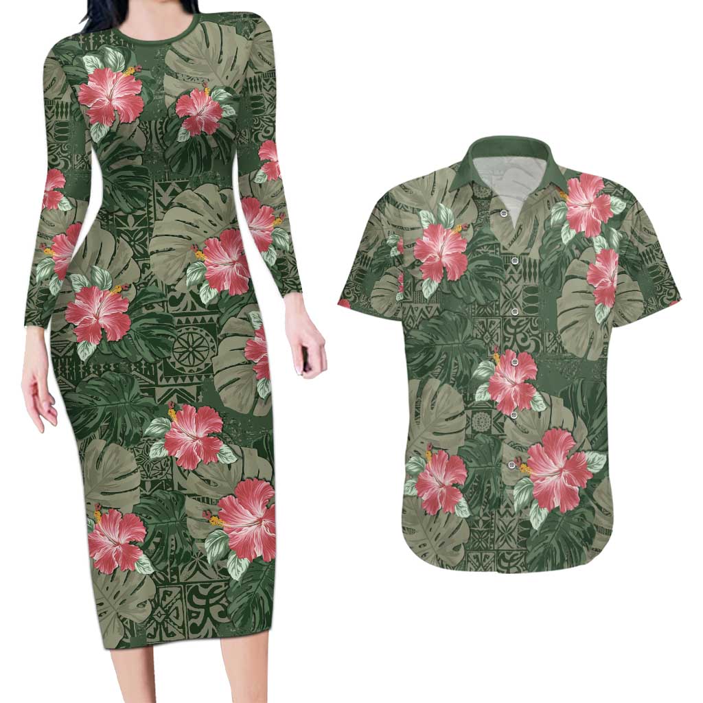 Hawaii Couples Matching Long Sleeve Bodycon Dress and Hawaiian Shirt Green Polynesian Monstera Patterns DT05 Green - Polynesian Pride