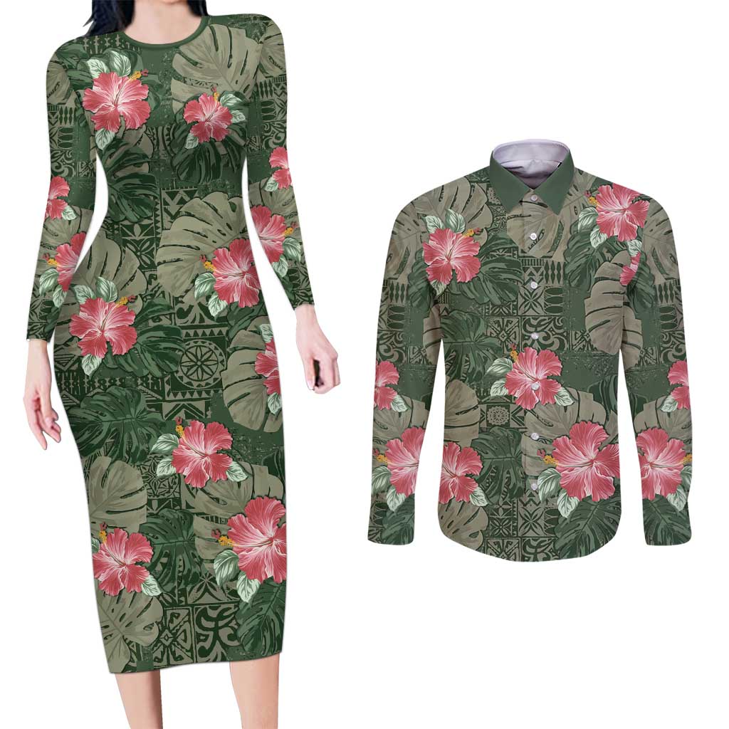 Hawaii Couples Matching Long Sleeve Bodycon Dress and Long Sleeve Button Shirt Green Polynesian Monstera Patterns DT05 Green - Polynesian Pride