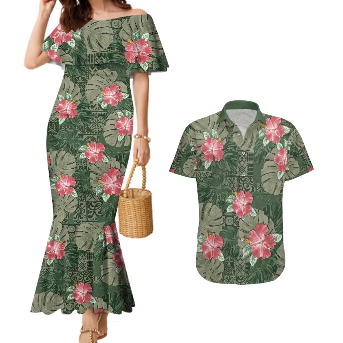 Hawaii Couples Matching Mermaid Dress and Hawaiian Shirt Green Polynesian Monstera Patterns DT05 Green - Polynesian Pride