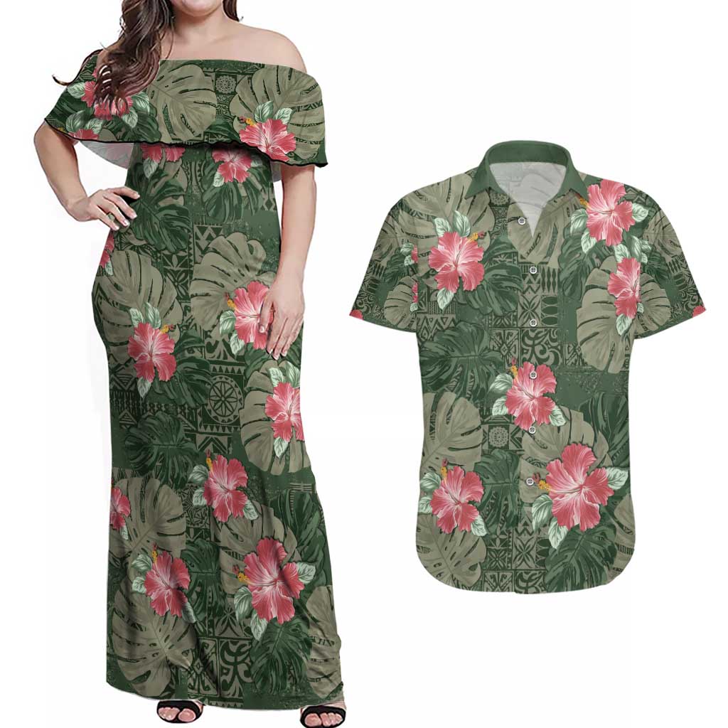 Hawaii Couples Matching Off Shoulder Maxi Dress and Hawaiian Shirt Green Polynesian Monstera Patterns DT05 Green - Polynesian Pride