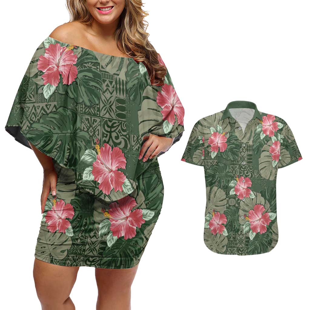 Hawaii Couples Matching Off Shoulder Short Dress and Hawaiian Shirt Green Polynesian Monstera Patterns DT05 Green - Polynesian Pride