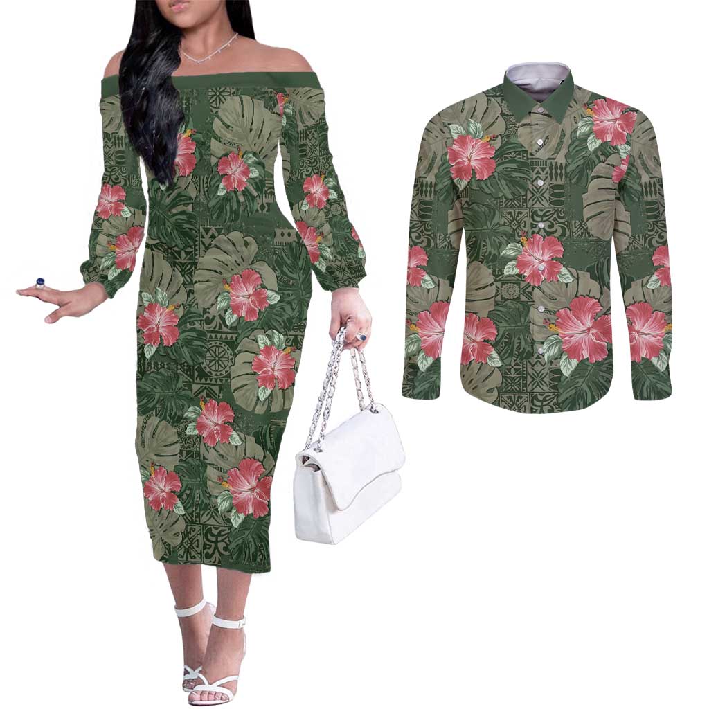 Hawaii Couples Matching Off The Shoulder Long Sleeve Dress and Long Sleeve Button Shirt Green Polynesian Monstera Patterns DT05 Green - Polynesian Pride