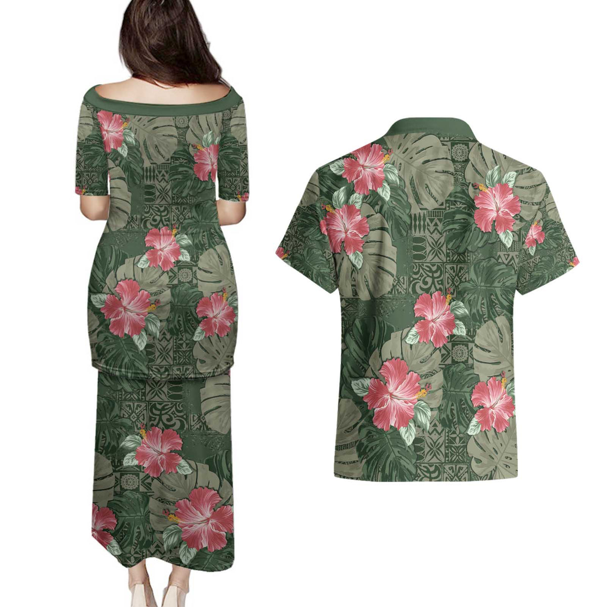 Hawaii Couples Matching Puletasi and Hawaiian Shirt Green Polynesian Monstera Patterns - Polynesian Pride