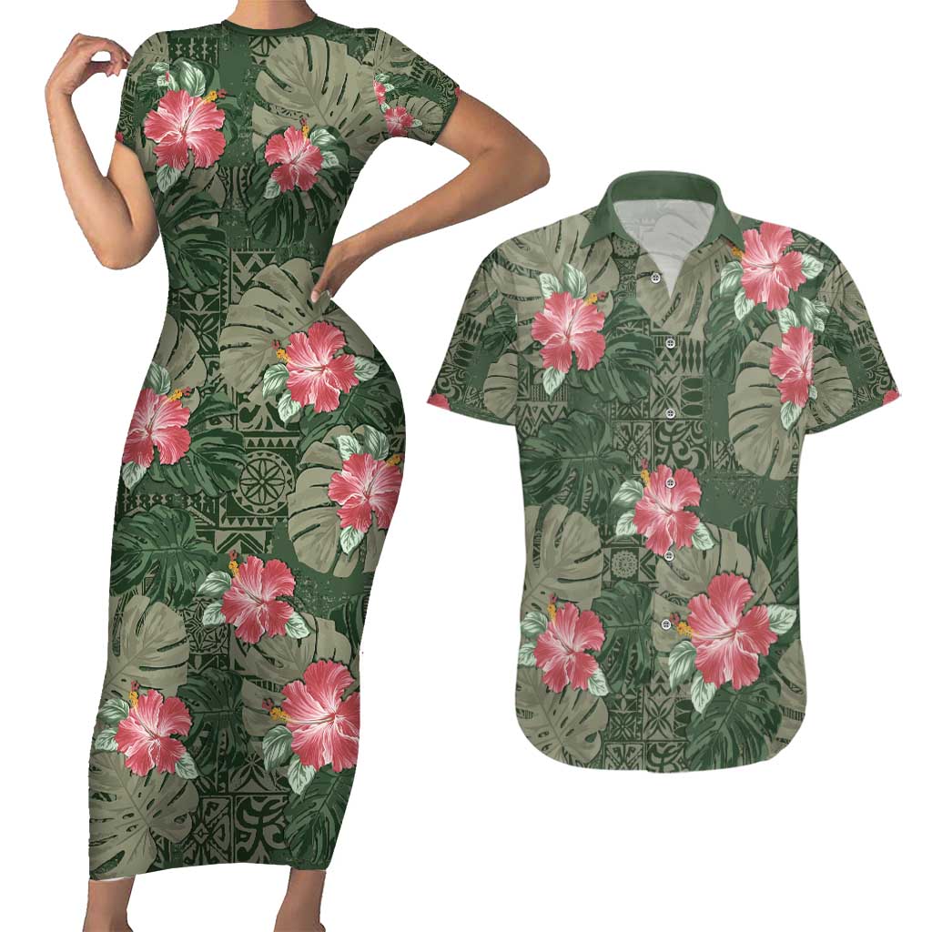 Hawaii Couples Matching Short Sleeve Bodycon Dress and Hawaiian Shirt Green Polynesian Monstera Patterns DT05 Green - Polynesian Pride