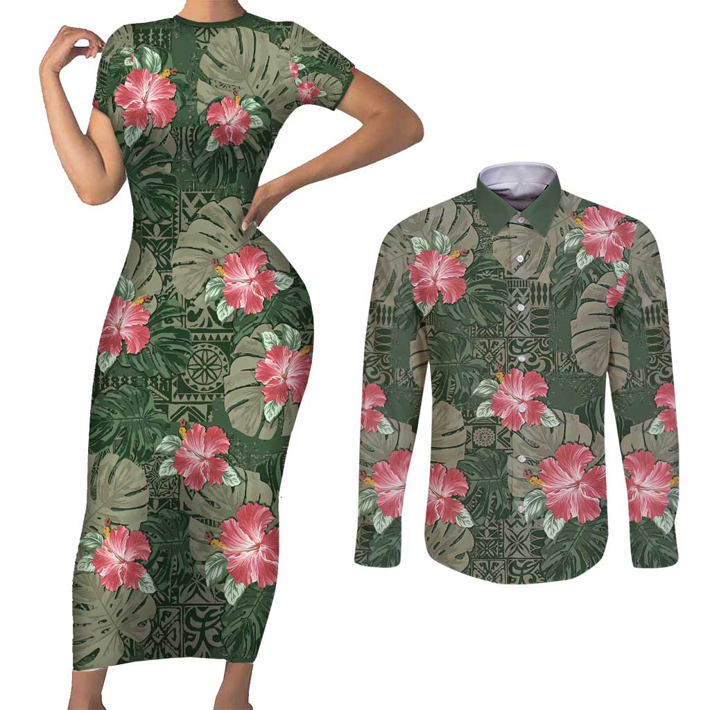 Hawaii Couples Matching Short Sleeve Bodycon Dress and Long Sleeve Button Shirt Green Polynesian Monstera Patterns DT05 Green - Polynesian Pride