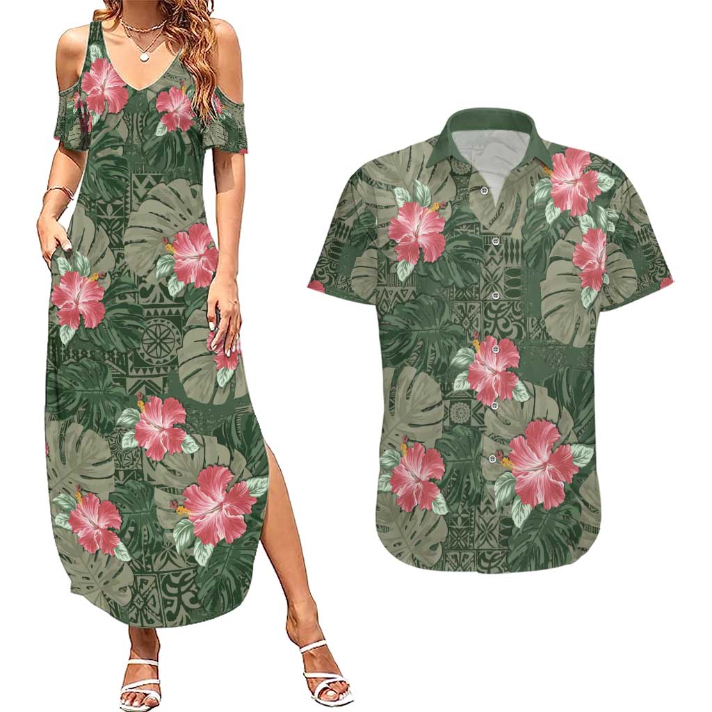 Hawaii Couples Matching Summer Maxi Dress and Hawaiian Shirt Green Polynesian Monstera Patterns DT05 Green - Polynesian Pride
