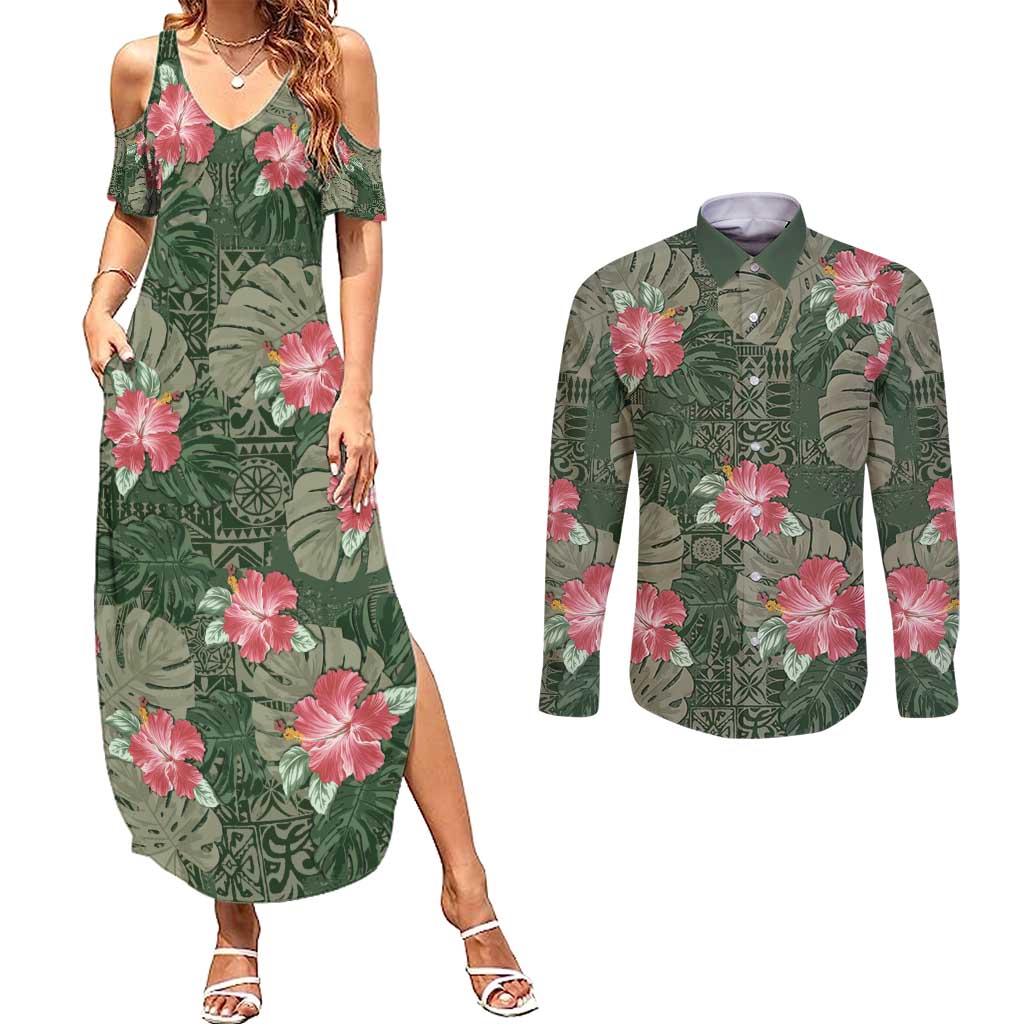 Hawaii Couples Matching Summer Maxi Dress and Long Sleeve Button Shirt Green Polynesian Monstera Patterns DT05 Green - Polynesian Pride