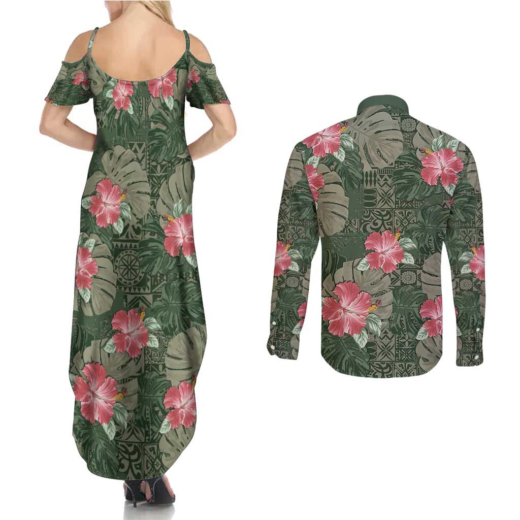 Hawaii Couples Matching Summer Maxi Dress and Long Sleeve Button Shirt Green Polynesian Monstera Patterns - Polynesian Pride