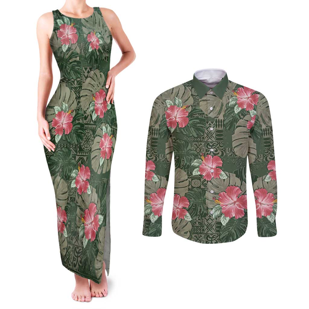 Hawaii Couples Matching Tank Maxi Dress and Long Sleeve Button Shirt Green Polynesian Monstera Patterns DT05 Green - Polynesian Pride