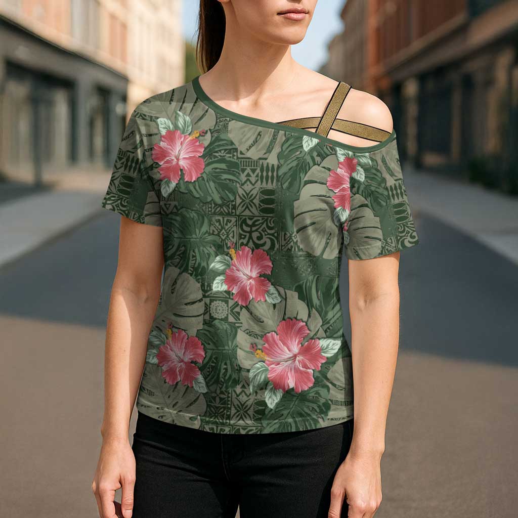 Hawaii Cross Shoulder Shirt Green Polynesian Monstera Patterns - Polynesian Pride