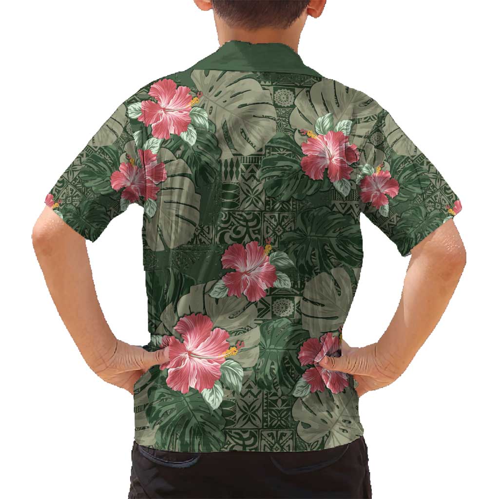 Hawaii Family Matching Long Sleeve Bodycon Dress and Hawaiian Shirt Green Polynesian Monstera Patterns - Polynesian Pride