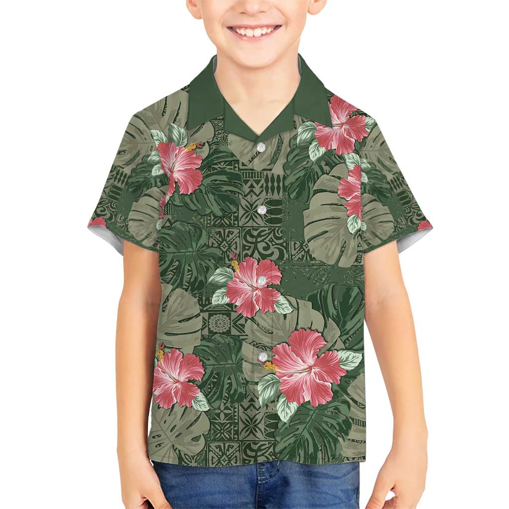 Hawaii Family Matching Long Sleeve Bodycon Dress and Hawaiian Shirt Green Polynesian Monstera Patterns - Polynesian Pride