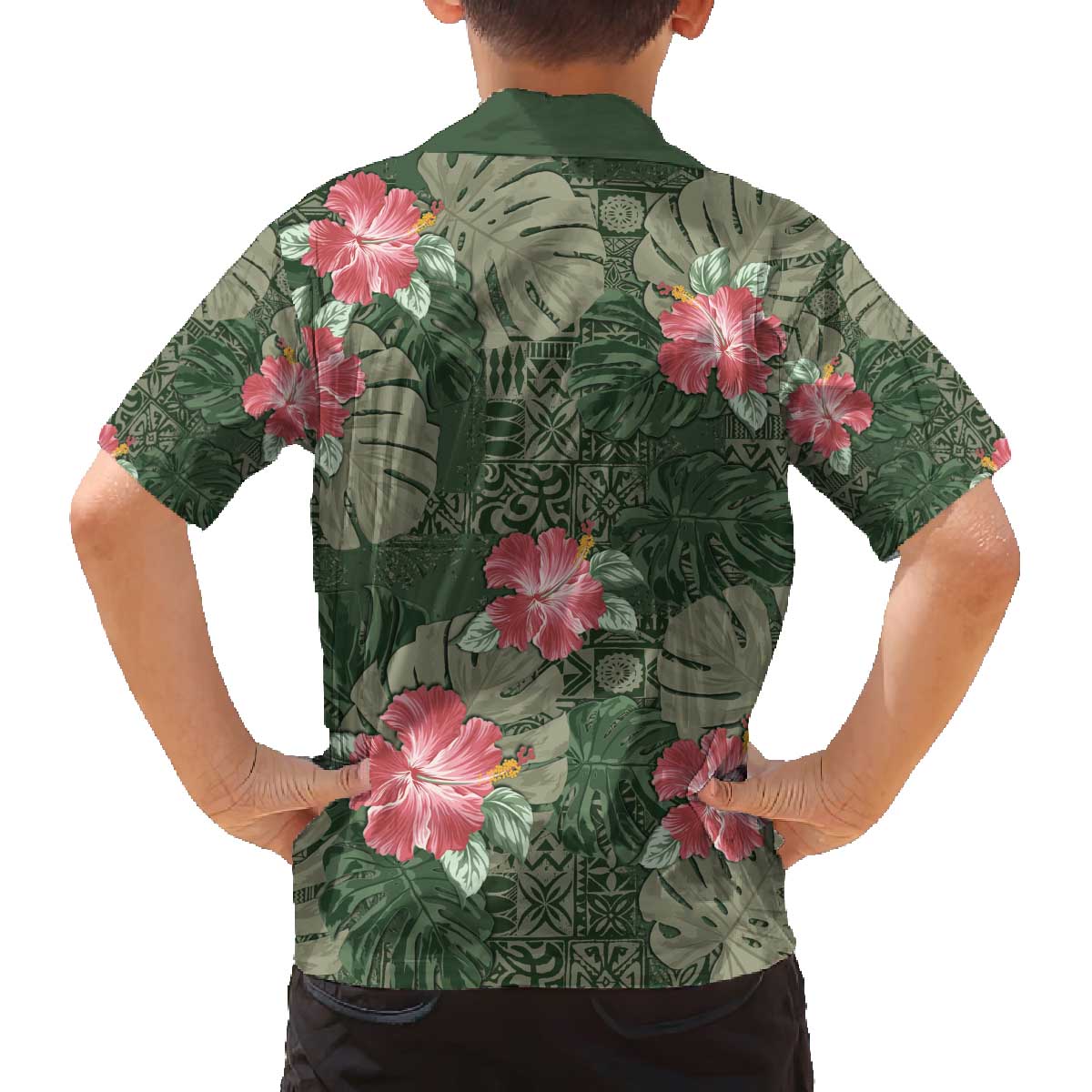 Hawaii Family Matching Off The Shoulder Long Sleeve Dress and Hawaiian Shirt Green Polynesian Monstera Patterns - Polynesian Pride