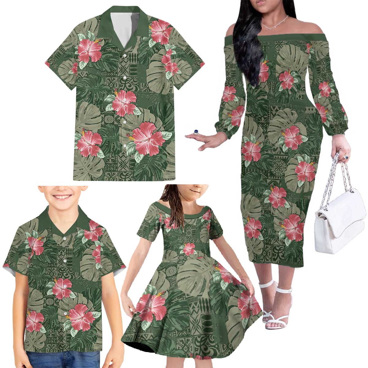 Hawaii Family Matching Off The Shoulder Long Sleeve Dress and Hawaiian Shirt Green Polynesian Monstera Patterns DT05 - Polynesian Pride