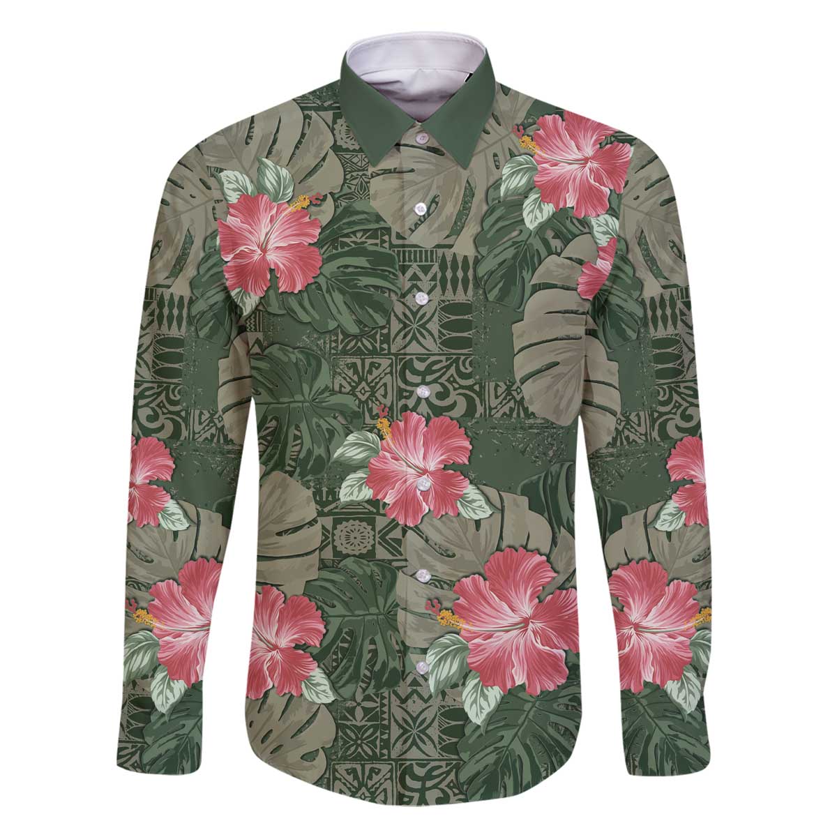Hawaii Family Matching Off The Shoulder Long Sleeve Dress and Hawaiian Shirt Green Polynesian Monstera Patterns - Polynesian Pride