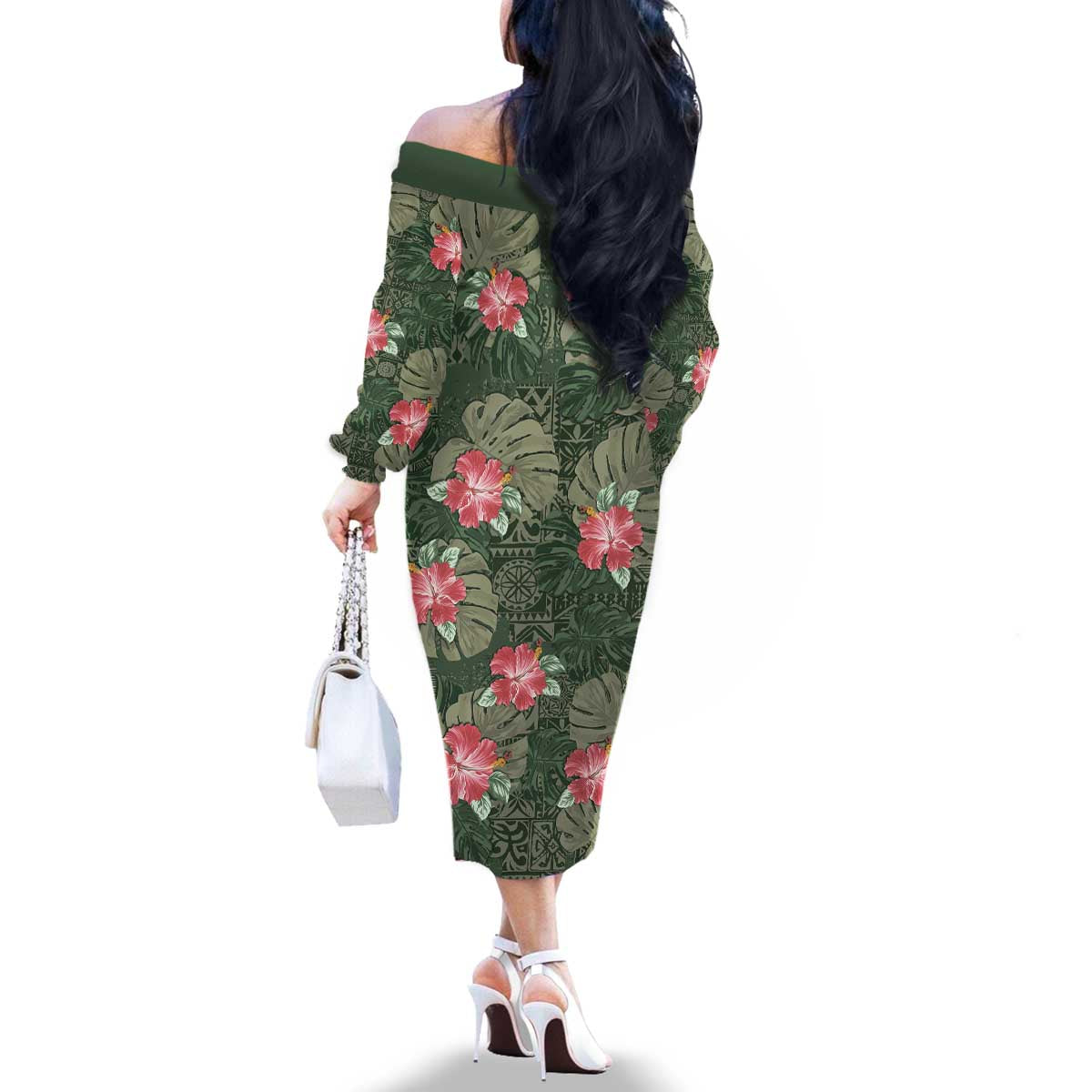 Hawaii Family Matching Off The Shoulder Long Sleeve Dress and Hawaiian Shirt Green Polynesian Monstera Patterns - Polynesian Pride