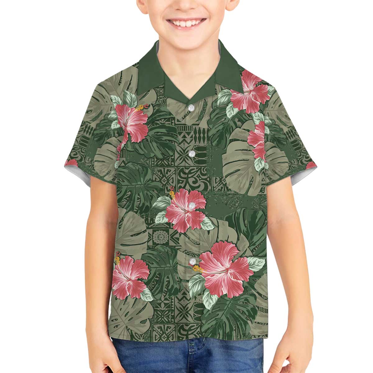 Hawaii Family Matching Off The Shoulder Long Sleeve Dress and Hawaiian Shirt Green Polynesian Monstera Patterns - Polynesian Pride