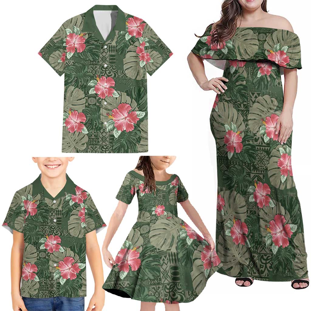 Hawaii Family Matching Off Shoulder Maxi Dress and Hawaiian Shirt Green Polynesian Monstera Patterns DT05 - Polynesian Pride