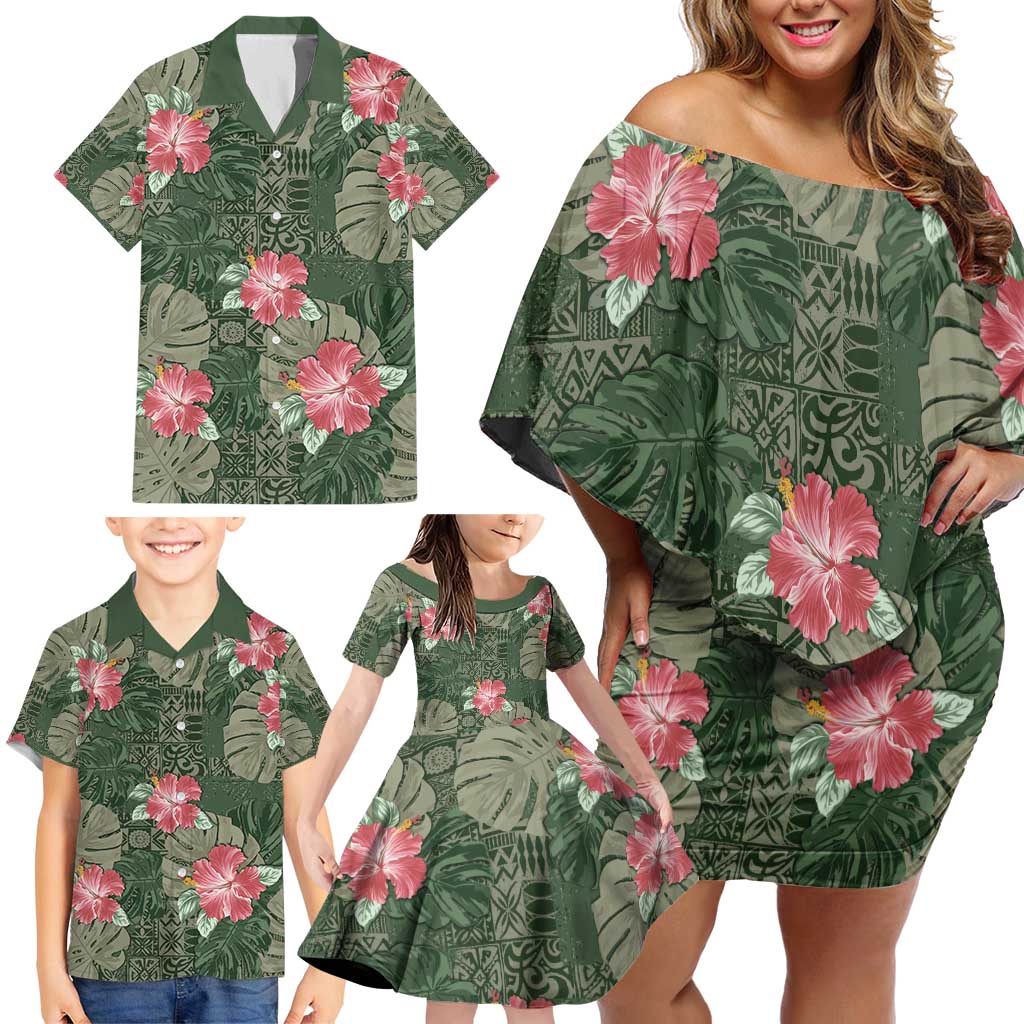Hawaii Family Matching Off Shoulder Short Dress and Hawaiian Shirt Green Polynesian Monstera Patterns DT05 - Polynesian Pride