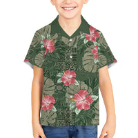 Hawaii Family Matching Short Sleeve Bodycon Dress and Hawaiian Shirt Green Polynesian Monstera Patterns - Polynesian Pride