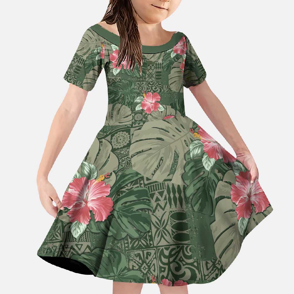 Hawaii Family Matching Tank Maxi Dress and Hawaiian Shirt Green Polynesian Monstera Patterns DT05 Daughter's Dress Green - Polynesian Pride