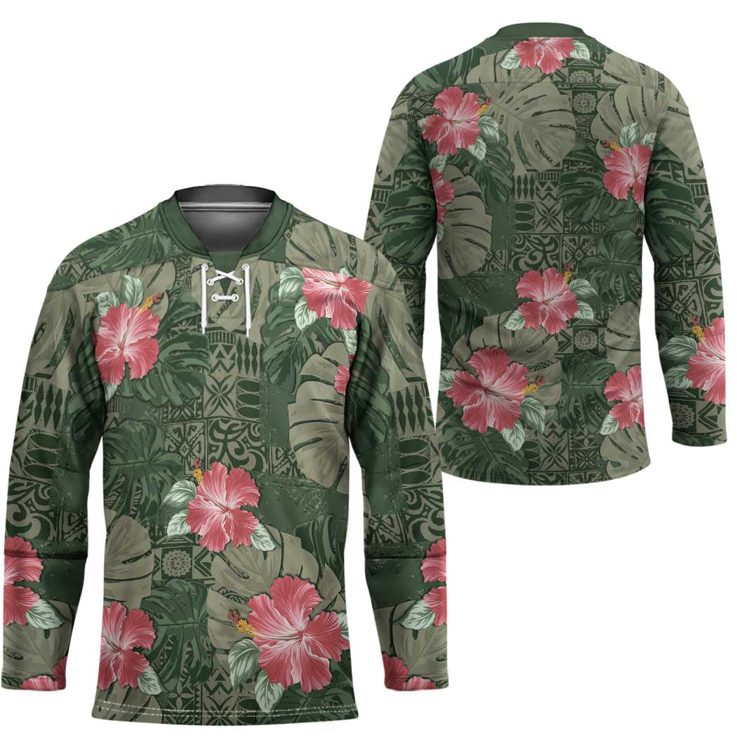 Hawaii Hockey Jersey Green Polynesian Monstera Patterns - Polynesian Pride