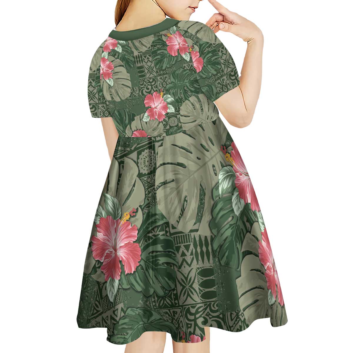 Hawaii Kid Short Sleeve Dress Green Polynesian Monstera Patterns - Polynesian Pride