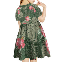 Hawaii Kid Short Sleeve Dress Green Polynesian Monstera Patterns - Polynesian Pride
