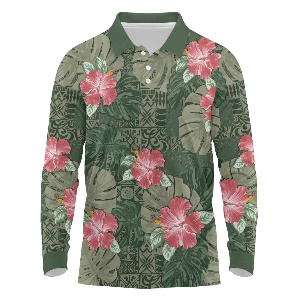 Hawaii Long Sleeve Polo Shirt Green Polynesian Monstera Patterns - Polynesian Pride