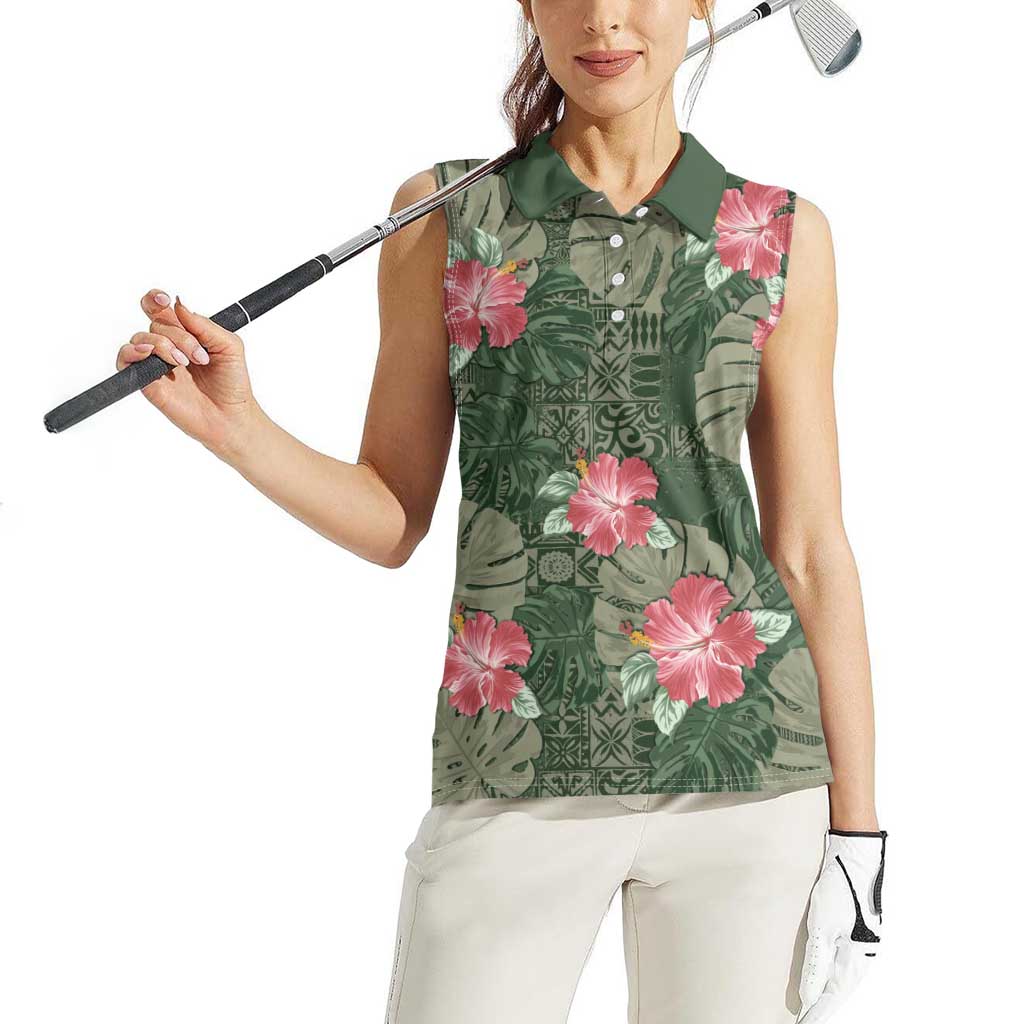 Hawaii Women Sleeveless Polo Shirt Green Polynesian Monstera Patterns - Polynesian Pride