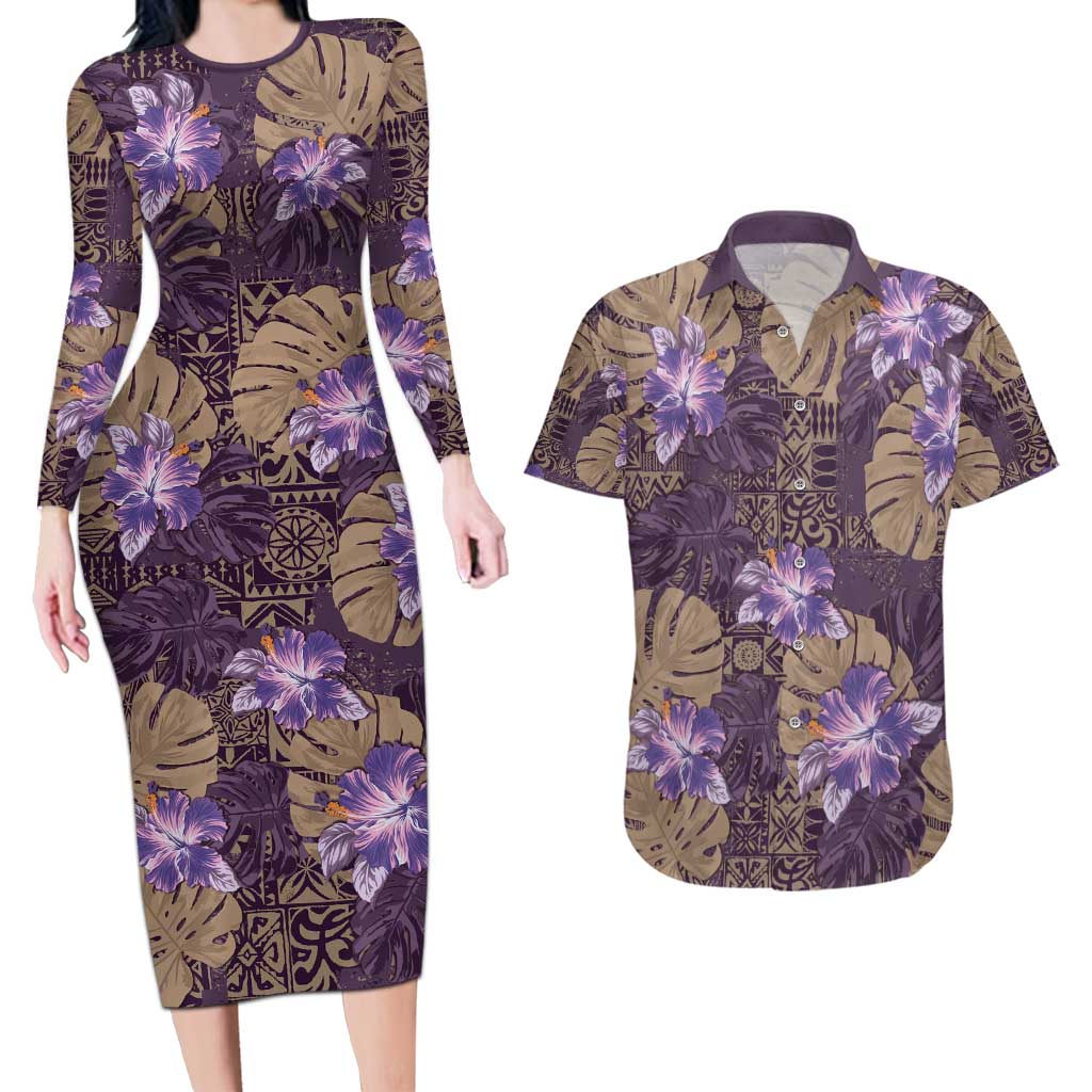 Hawaii Couples Matching Long Sleeve Bodycon Dress and Hawaiian Shirt Purple Polynesian Monstera Patterns DT05 Purple - Polynesian Pride