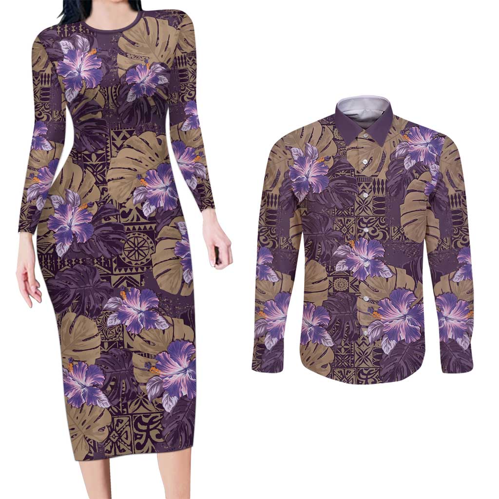 Hawaii Couples Matching Long Sleeve Bodycon Dress and Long Sleeve Button Shirt Purple Polynesian Monstera Patterns DT05 Purple - Polynesian Pride