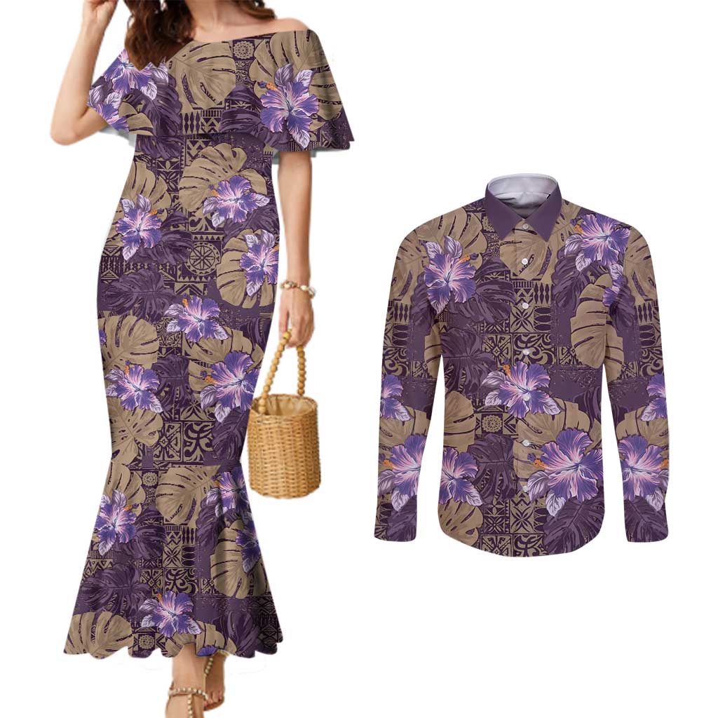 Hawaii Couples Matching Mermaid Dress and Long Sleeve Button Shirt Purple Polynesian Monstera Patterns DT05 Purple - Polynesian Pride