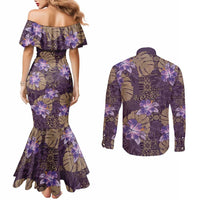 Hawaii Couples Matching Mermaid Dress and Long Sleeve Button Shirt Purple Polynesian Monstera Patterns DT05 - Polynesian Pride