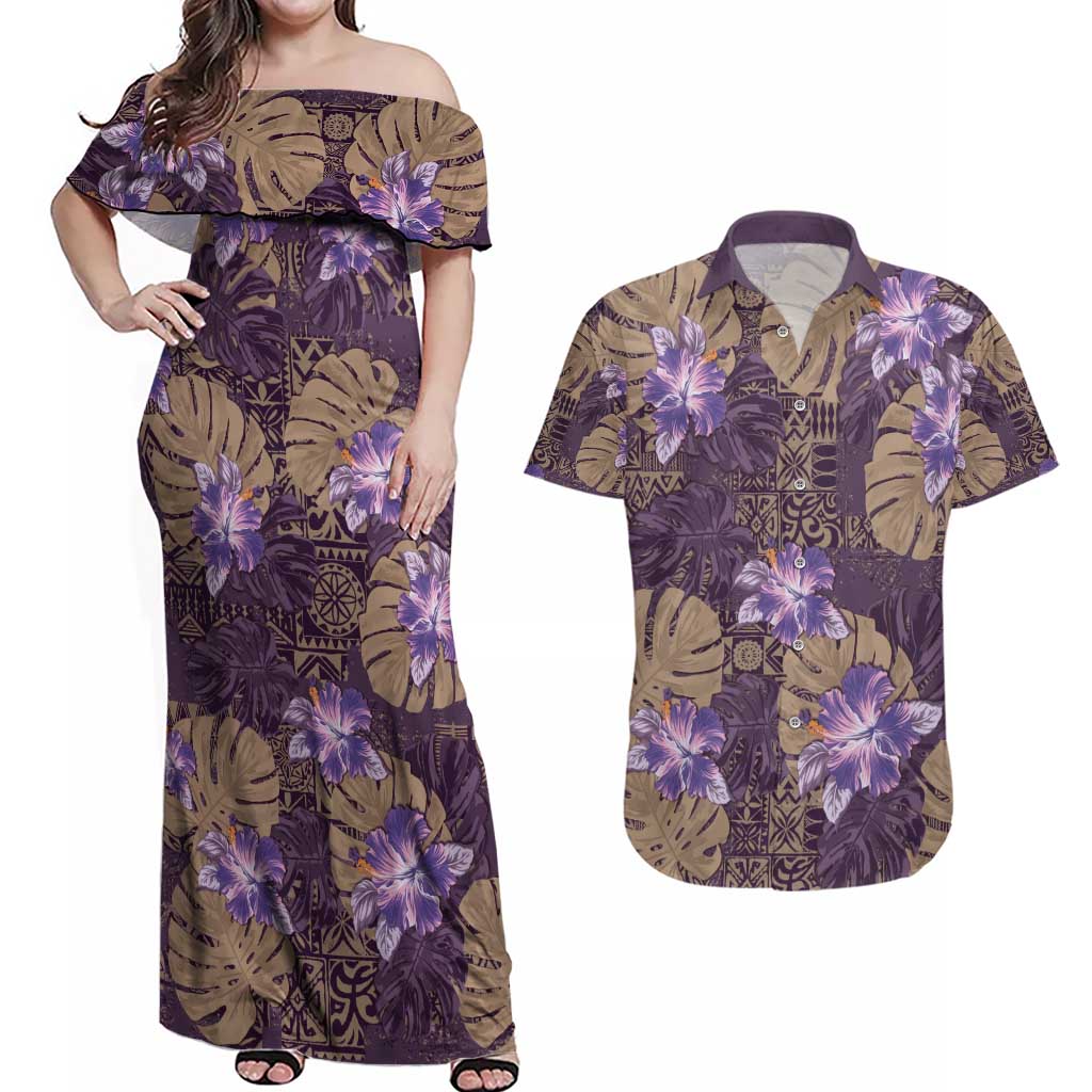 Hawaii Couples Matching Off Shoulder Maxi Dress and Hawaiian Shirt Purple Polynesian Monstera Patterns DT05 Purple - Polynesian Pride