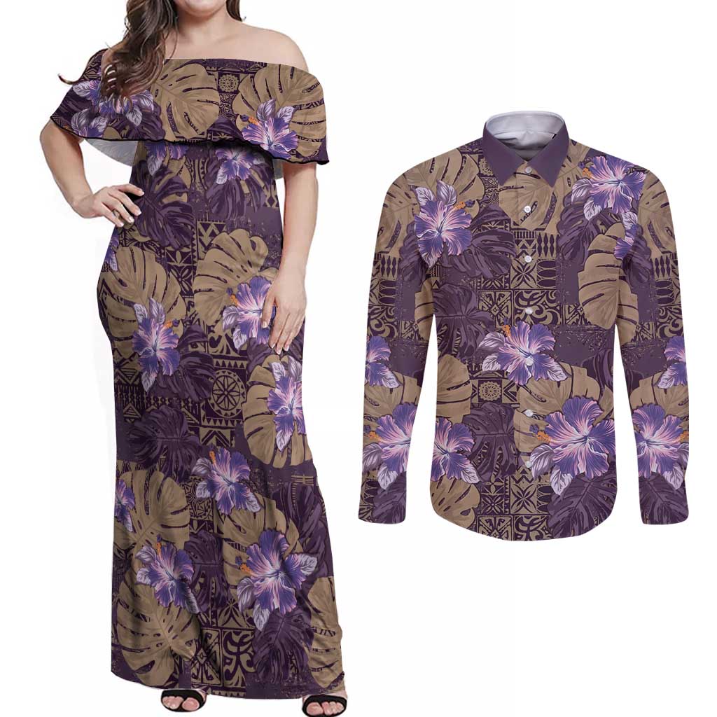 Hawaii Couples Matching Off Shoulder Maxi Dress and Long Sleeve Button Shirt Purple Polynesian Monstera Patterns DT05 Purple - Polynesian Pride