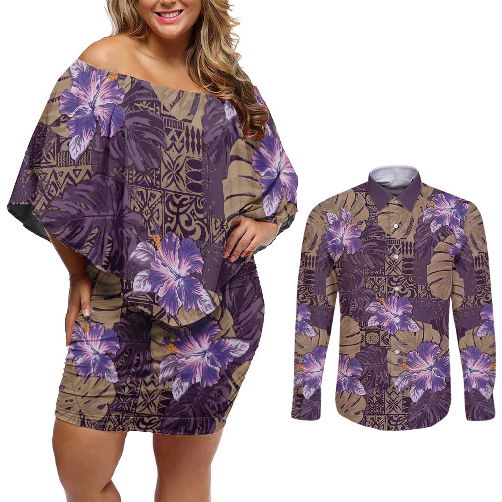 Hawaii Couples Matching Off Shoulder Short Dress and Long Sleeve Button Shirt Purple Polynesian Monstera Patterns DT05 Purple - Polynesian Pride
