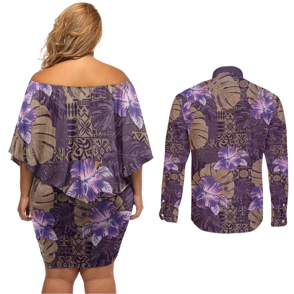 Hawaii Couples Matching Off Shoulder Short Dress and Long Sleeve Button Shirt Purple Polynesian Monstera Patterns DT05 - Polynesian Pride
