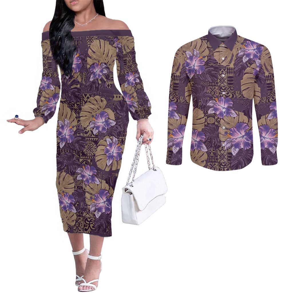 Hawaii Couples Matching Off The Shoulder Long Sleeve Dress and Long Sleeve Button Shirt Purple Polynesian Monstera Patterns DT05 Purple - Polynesian Pride