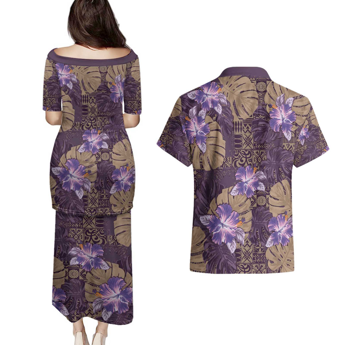 Hawaii Couples Matching Puletasi and Hawaiian Shirt Purple Polynesian Monstera Patterns - Polynesian Pride