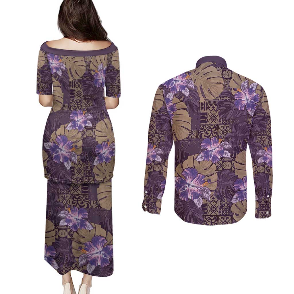 Hawaii Couples Matching Puletasi and Long Sleeve Button Shirt Purple Polynesian Monstera Patterns - Polynesian Pride