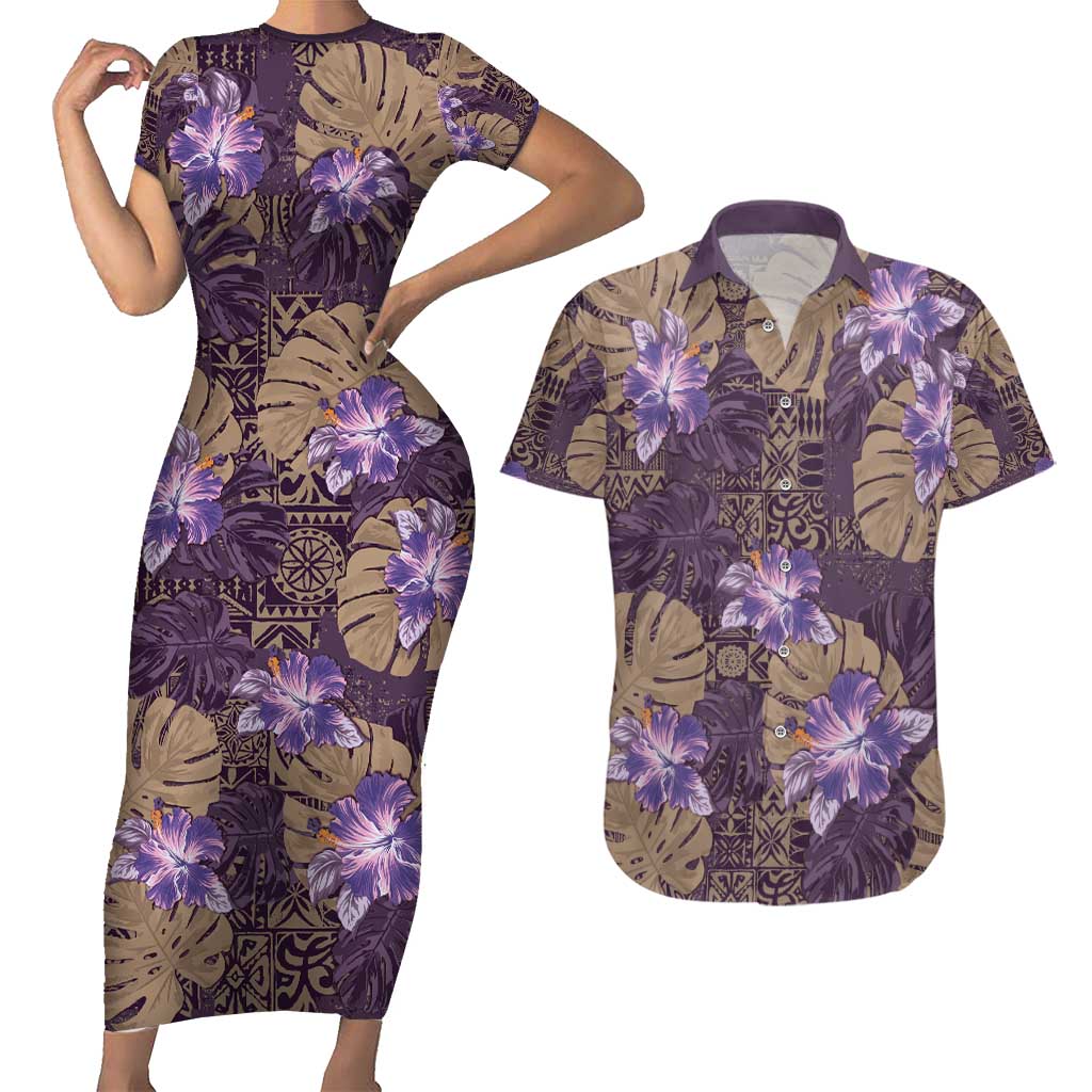 Hawaii Couples Matching Short Sleeve Bodycon Dress and Hawaiian Shirt Purple Polynesian Monstera Patterns DT05 Purple - Polynesian Pride