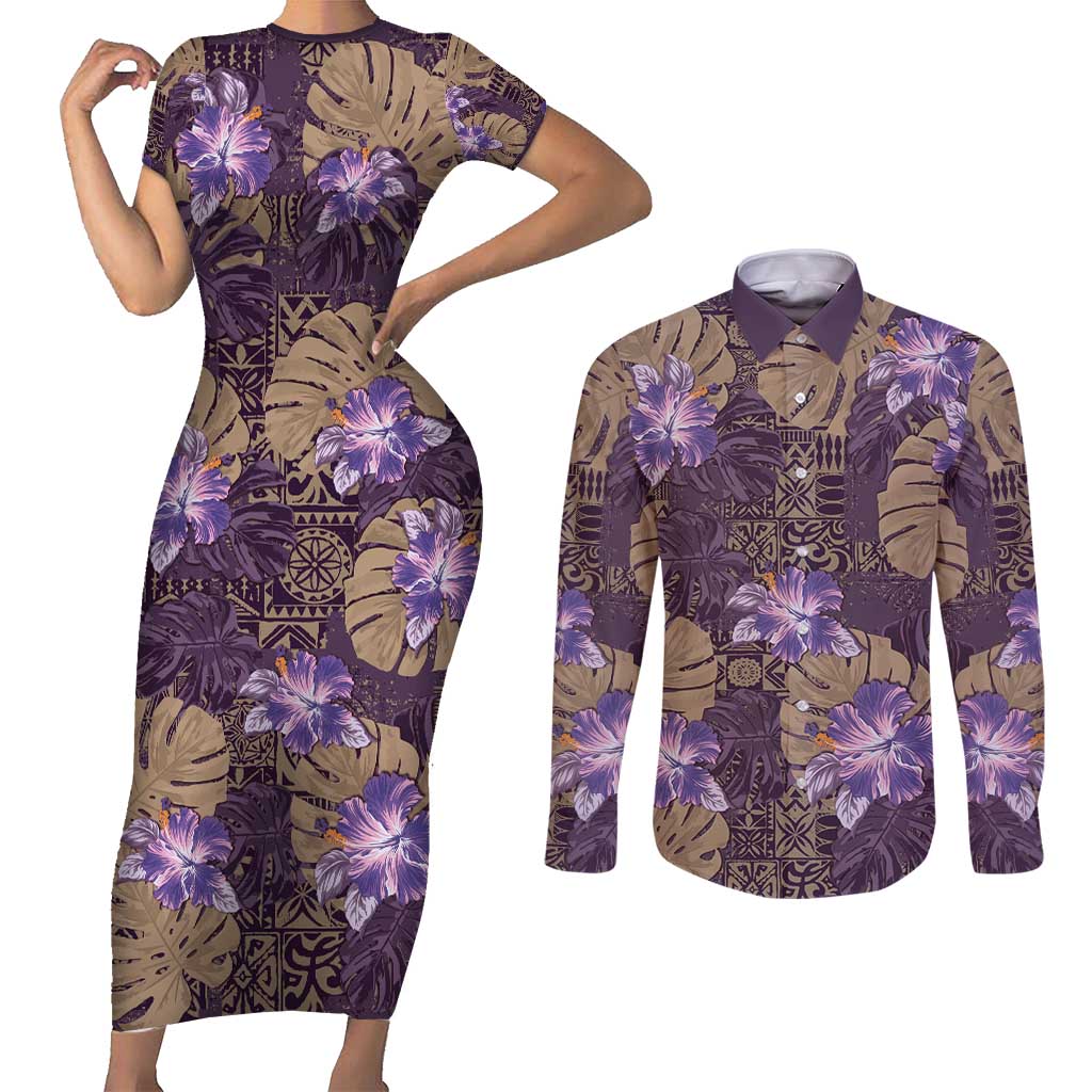 Hawaii Couples Matching Short Sleeve Bodycon Dress and Long Sleeve Button Shirt Purple Polynesian Monstera Patterns DT05 Purple - Polynesian Pride