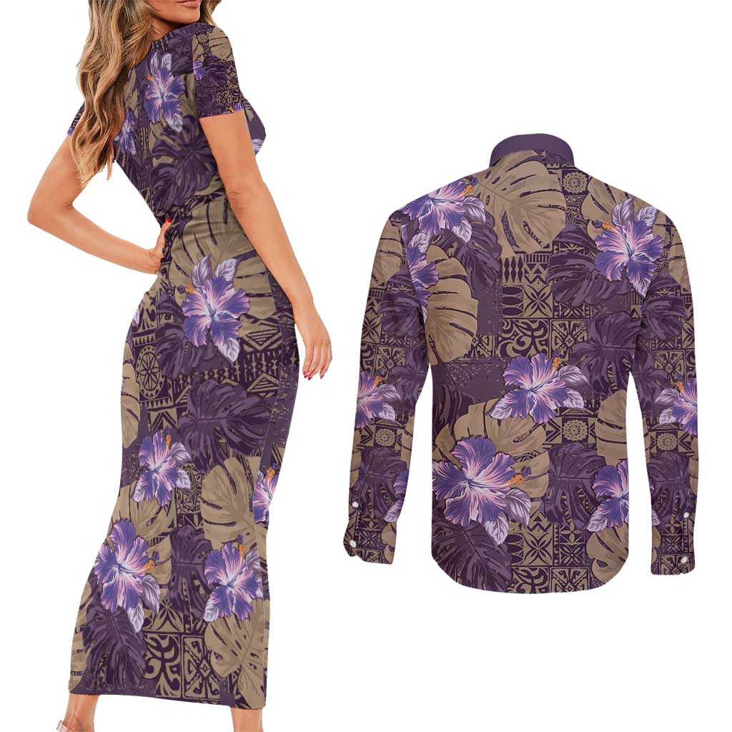 Hawaii Couples Matching Short Sleeve Bodycon Dress and Long Sleeve Button Shirt Purple Polynesian Monstera Patterns DT05 - Polynesian Pride