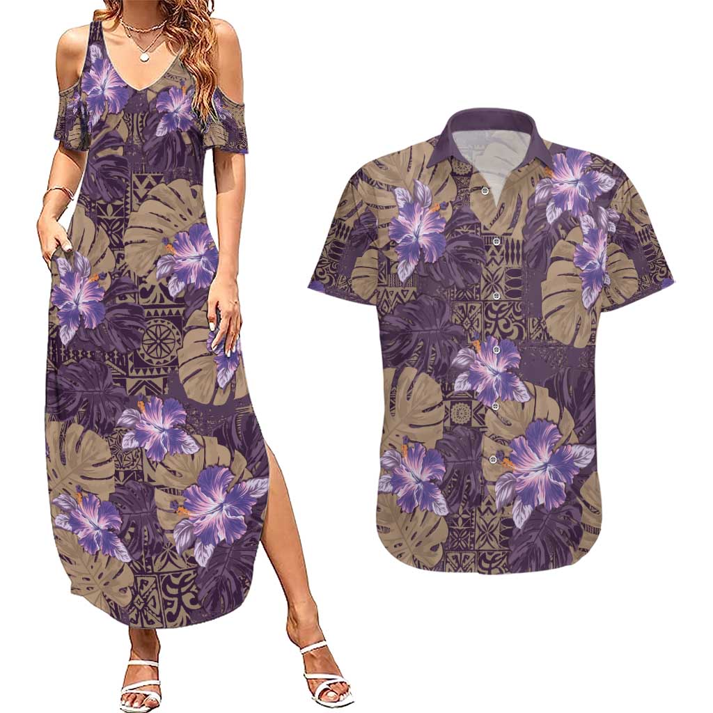 Hawaii Couples Matching Summer Maxi Dress and Hawaiian Shirt Purple Polynesian Monstera Patterns DT05 Purple - Polynesian Pride