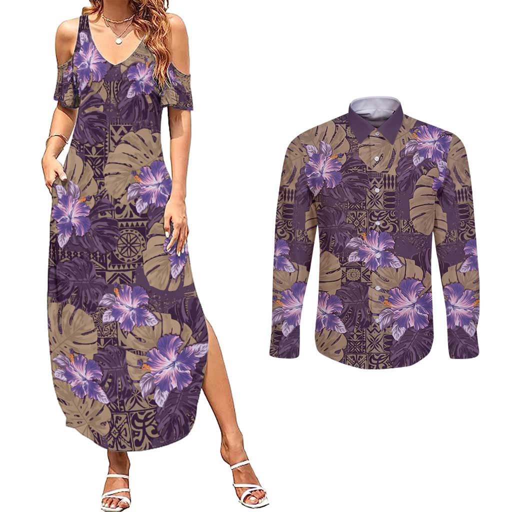 Hawaii Couples Matching Summer Maxi Dress and Long Sleeve Button Shirt Purple Polynesian Monstera Patterns DT05 Purple - Polynesian Pride