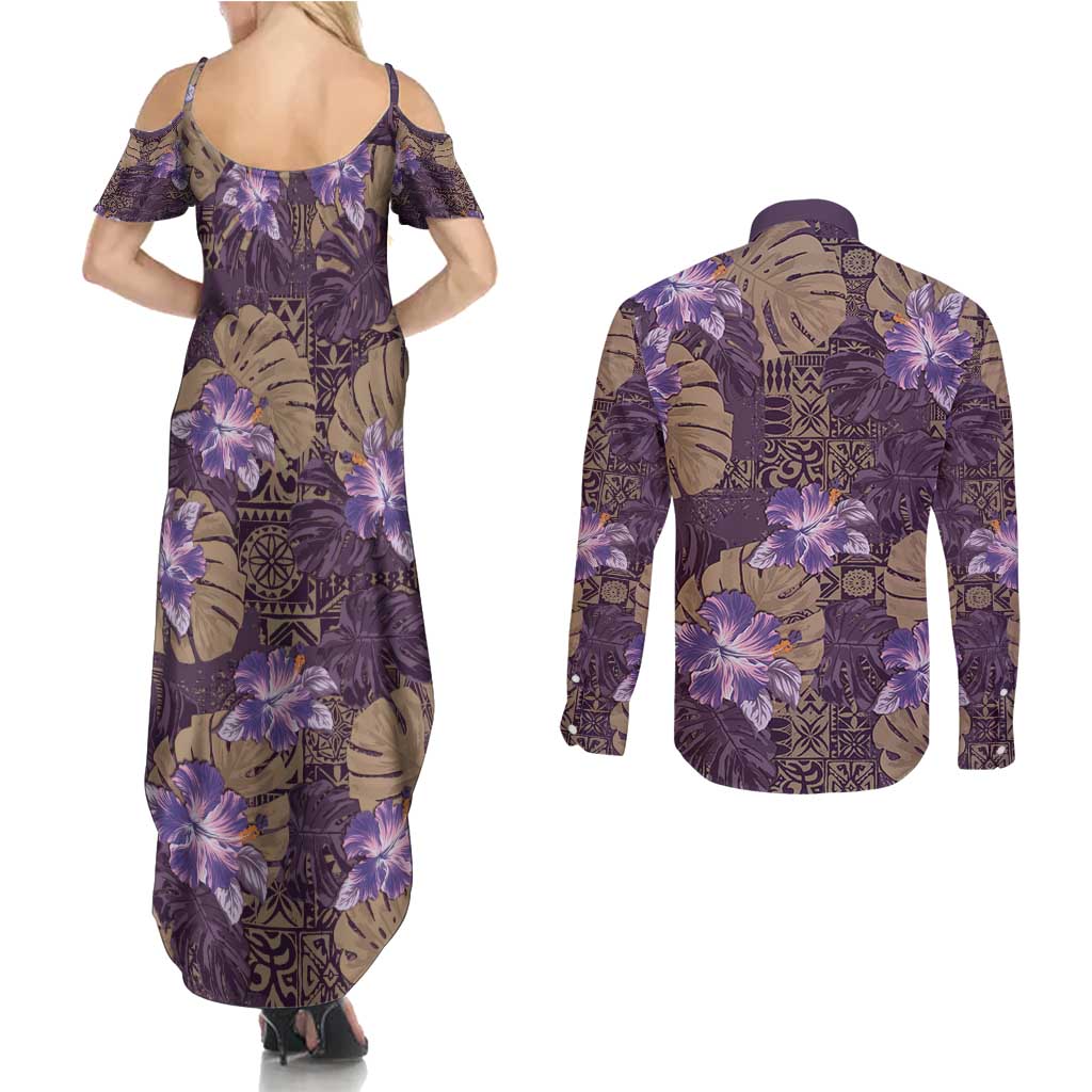 Hawaii Couples Matching Summer Maxi Dress and Long Sleeve Button Shirt Purple Polynesian Monstera Patterns - Polynesian Pride