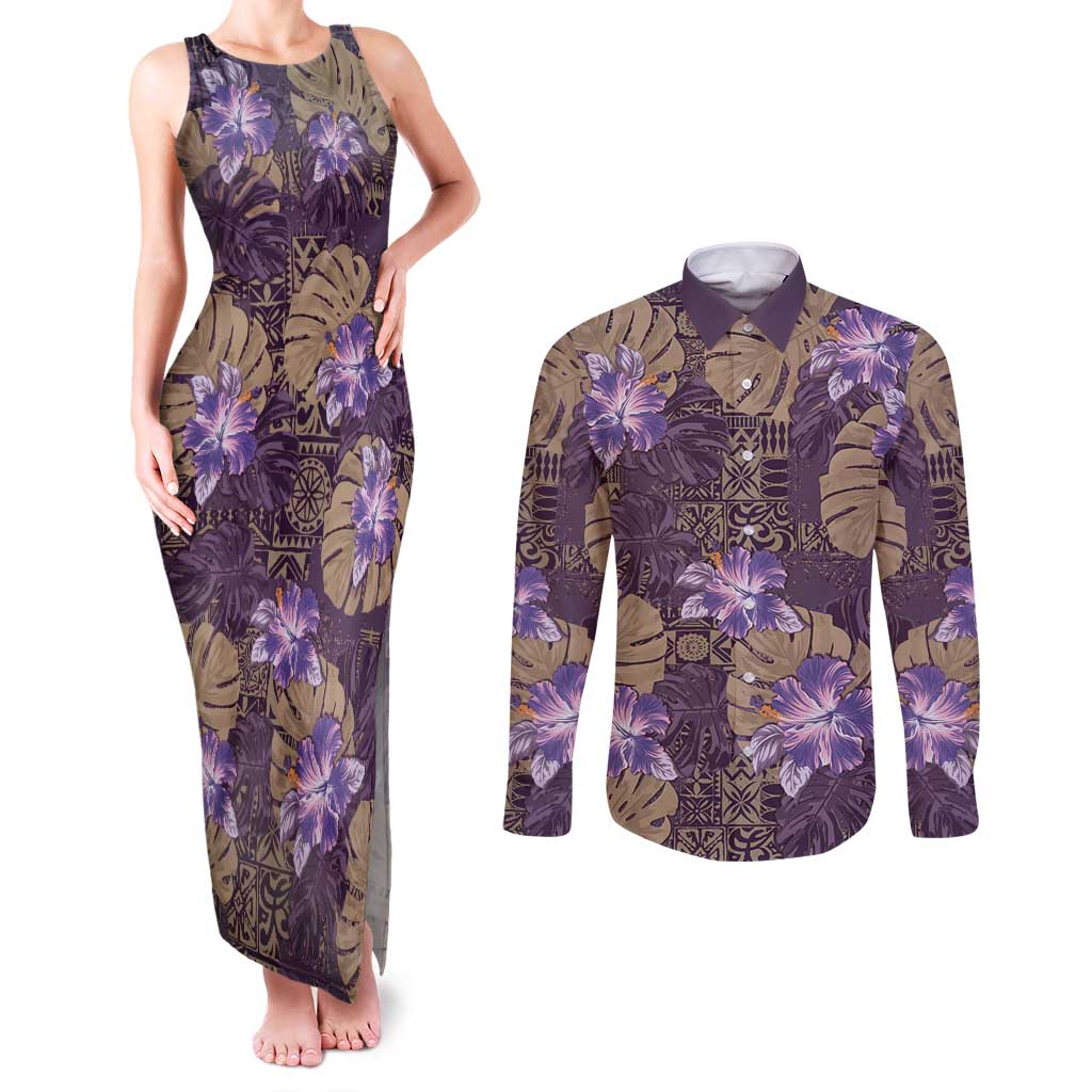 Hawaii Couples Matching Tank Maxi Dress and Long Sleeve Button Shirt Purple Polynesian Monstera Patterns DT05 Purple - Polynesian Pride